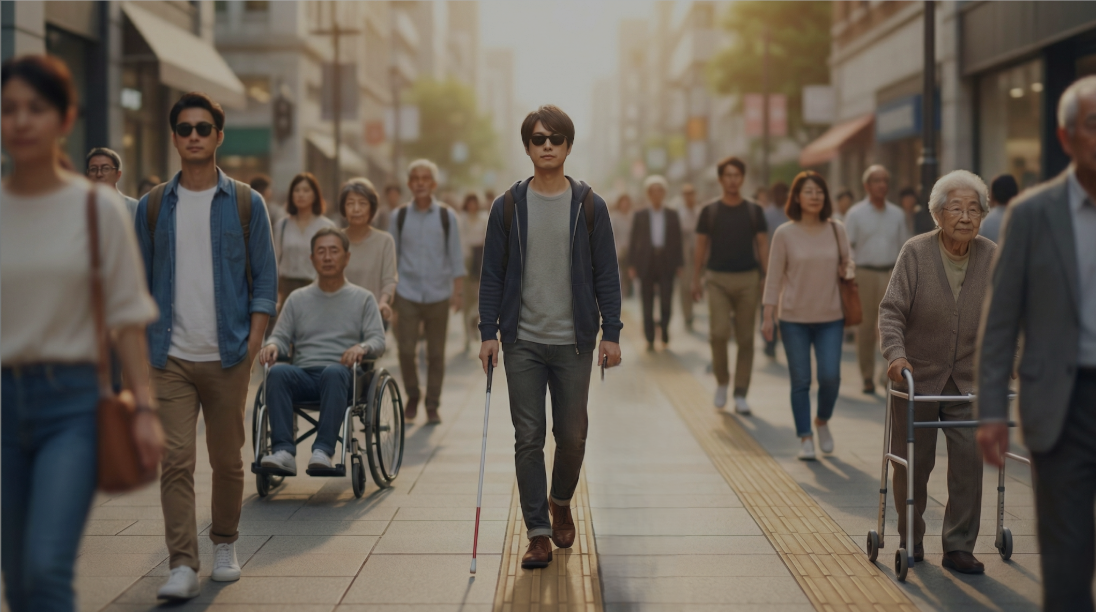 白杖を持ったユーザーが、Access Bridgeアプリを使いながら笑顔で街を歩いている様子